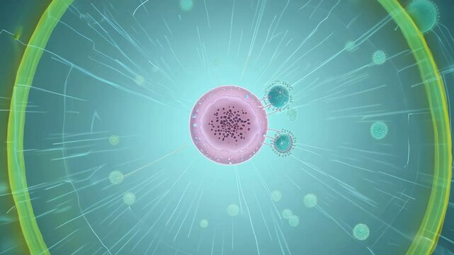 Stem cell differentiation animation, with camera zooming in on a central cell surrounded by vibrant microscopic elements, illustrating regenerative transformation in a scientific environment