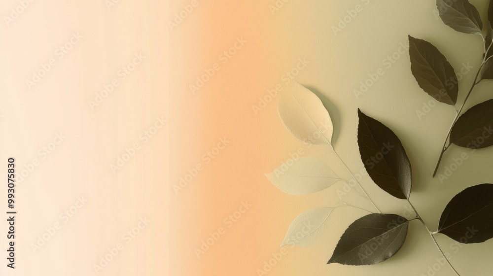 Poster branches with leaves are lying on a surface, creating a gradient from beige to dark brown. the image