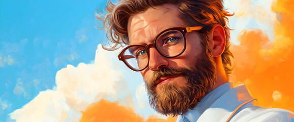 Portrait of bearded man with glasses against colorful sky for creative and visionary concepts