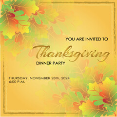 Obraz premium Thanksgiving dinner invitation. Colorful leaves on beige background.