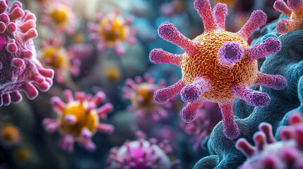 Fototapeta premium A vibrant image of bacteria and viruses interacting with human cells,