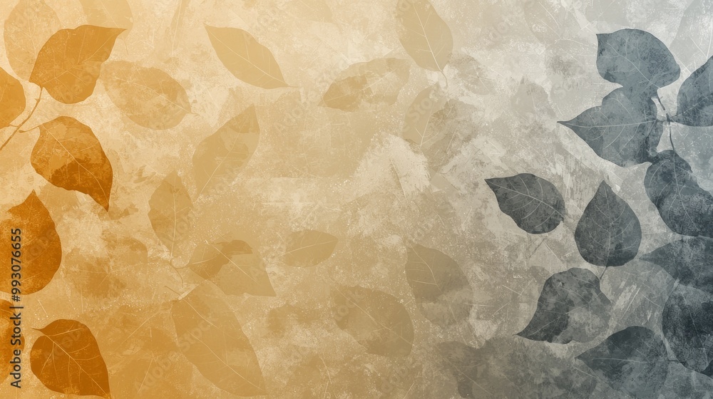Poster blending warm orange and cool gray-blue tones. this abstract leaf pattern captures autumn's essence.
