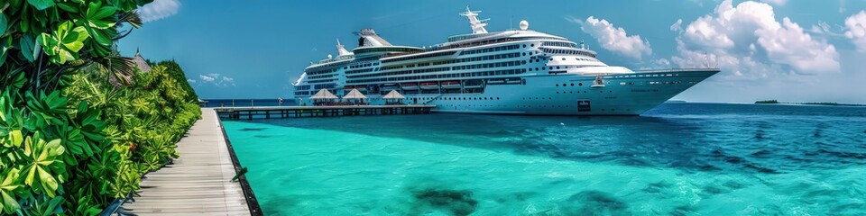 A luxurious cruise ship docked by a Maldives pier, surrounded by turquoise water and lush greenery.