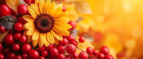 Obraz premium Sunflower and red berries for seasonal and harvest concepts