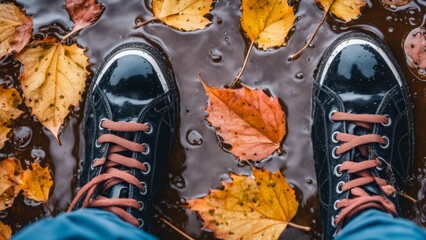 Walk through the autumn park in the rain
