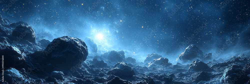 Poster a cosmic scene of an asteroid belt with large rocks floating in space,