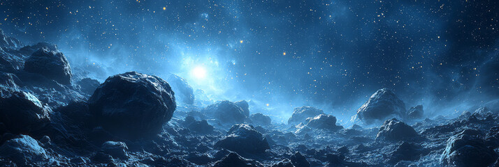 Obraz premium A cosmic scene of an asteroid belt with large rocks floating in space,