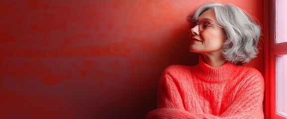 Elegant senior woman in red sweater against vibrant background. Aging gracefully and fashion concepts. Banner with copy space
