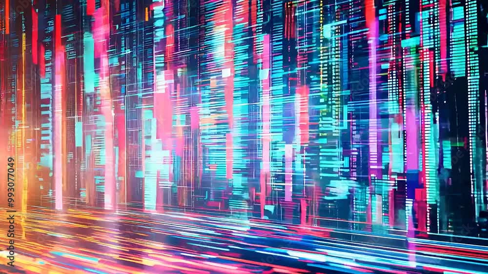 Poster abstract digital data stream with vibrant glowing lines, futuristic cyberpunk visuals, dynamic neon 