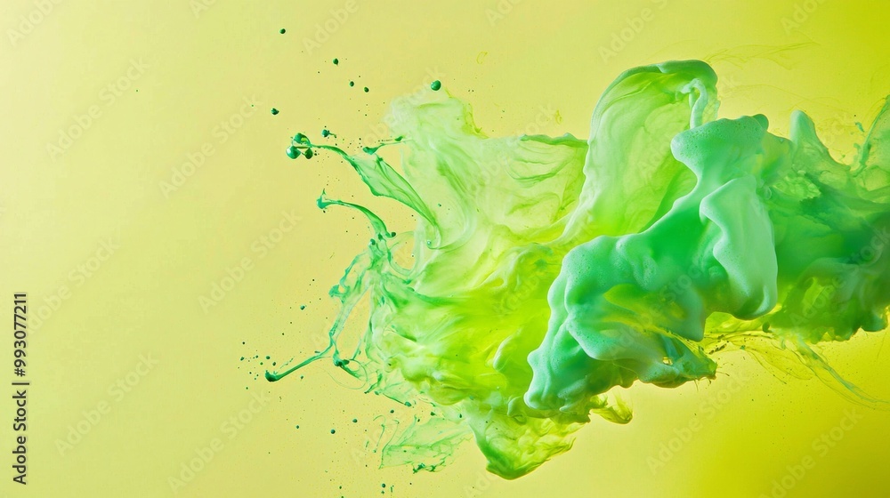 Poster green and yellow ink mixing in water creating abstract shapes and textures on a yellow background. t