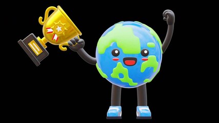 3D Earth Character Holding A Trophy With Victory Pose, Ideal For Celebrating Success And Achievements - Powered by Adobe
