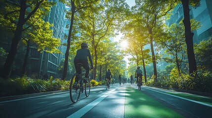 Fototapeta premium People biking through a green urban space with modern buildings in the background, showcasing a sustainable, eco-friendly city. Sunlight filters through the trees,