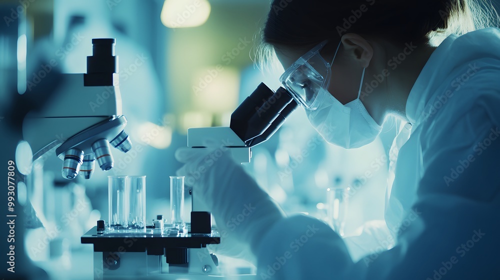 Poster scientist using a microscope in a laboratory setting