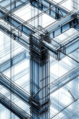 Obraz premium Close-up of a detailed CAD drawing illustrating a steel frame for a large-scale structure, with a focus on beam junctions and support columns, captured in a highly realistic, high-definition photo