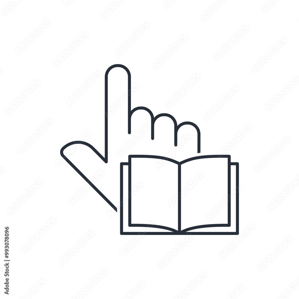 Poster open book with pointer. cognitive, educational literature. vector linear icon isolated on white back