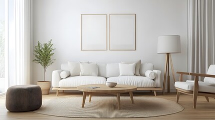 Simple living room with neutral colors and Scandinavian-style furniture