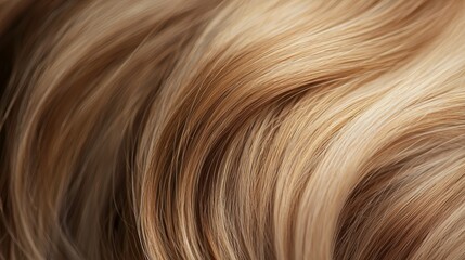 Naklejka premium Flowing and smooth blond hair with elegant wavy strands, creating highlights and shadows. Healthy golden color reflects light beautifully, showcasing salon expertise in styling