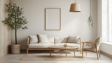 Scandinavian-style living room with light-colored walls and simple furniture