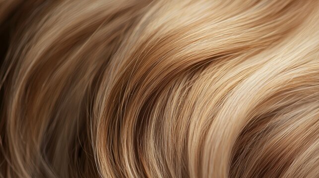 Flowing and smooth blond hair with elegant wavy strands, creating highlights and shadows. Healthy golden color reflects light beautifully, showcasing salon expertise in styling