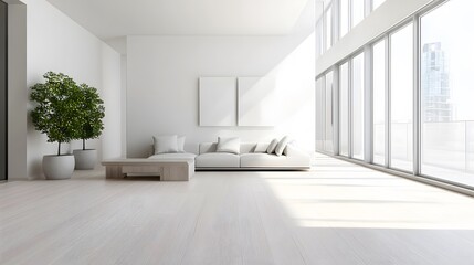 Fototapeta premium Minimalist living room with white walls and light wood flooring
