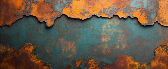 Rusty metal surface with teal and orange layers for texture and decay concepts