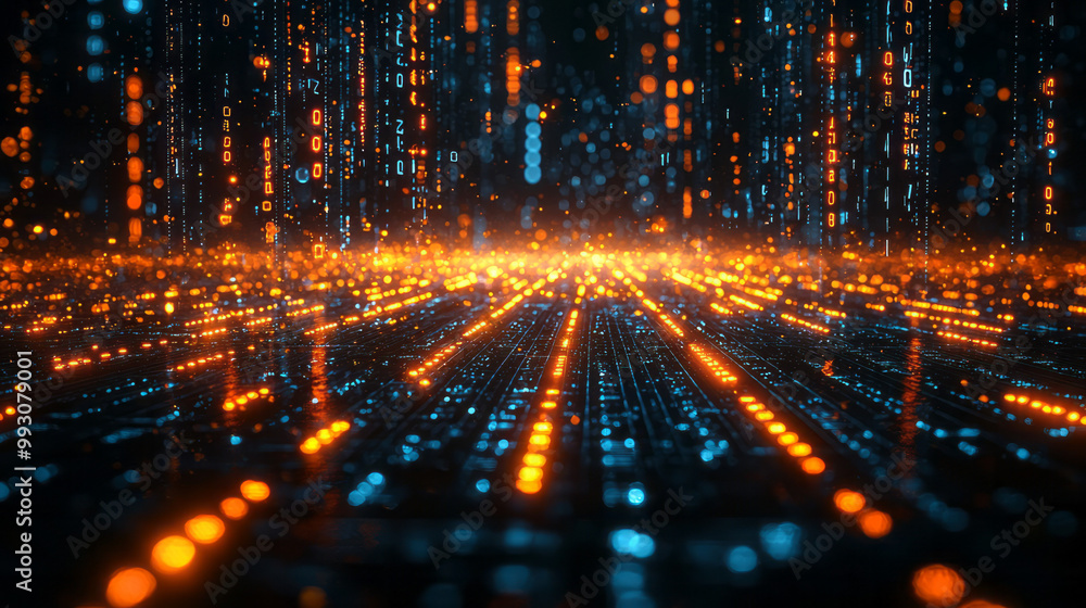Aufkleber a glowing grid of numbers forming a matrix, with abstract light trails representing data flow,