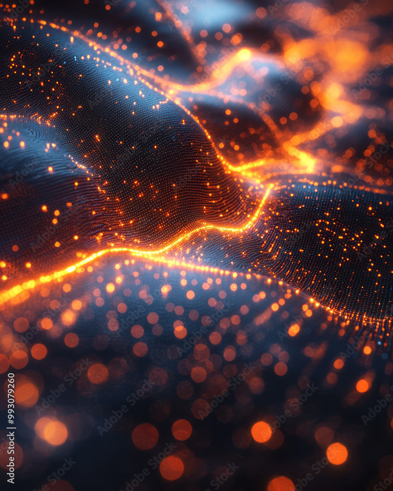 Poster an abstract visual of a mathematical graph, with glowing lines and curves plotting equations,