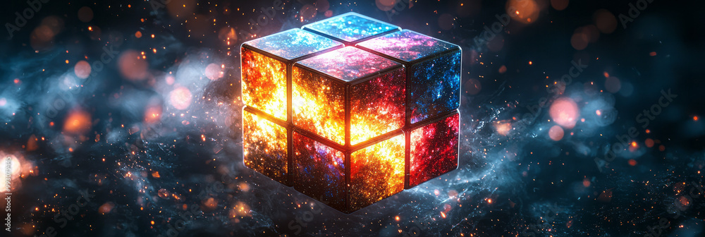 Poster a surreal image of a rubikâ€™s cube floating in mid-air,