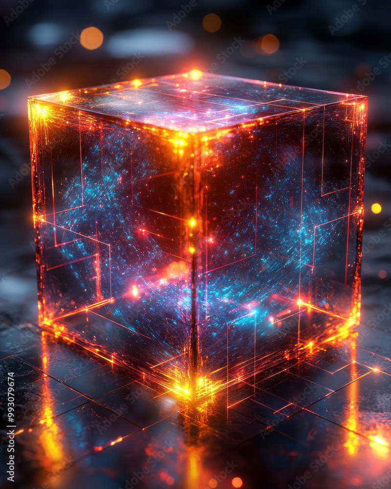 Poster a mathematical model of a hypercube in 3d space, with glowing edges and sharp geometric lines,