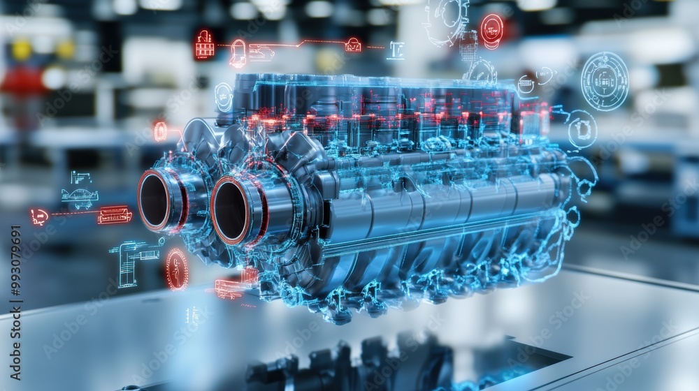 Poster futuristic engine design with digital interface elements