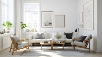 Fototapeta premium Bright living room with Scandinavian furniture and neutral tones