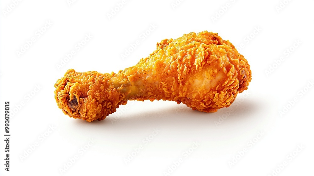 Poster a photo of a chicken nugget close up against a white background, with a shadow of the same chicken n