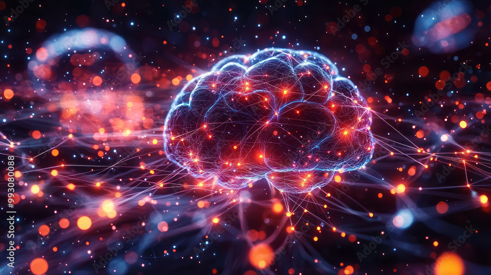 Poster a glowing neural network with dynamic lines connecting different points,