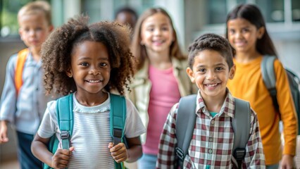 Obraz premium A vibrant image of diverse children smiling and walking together, carrying colorful backpacks. 