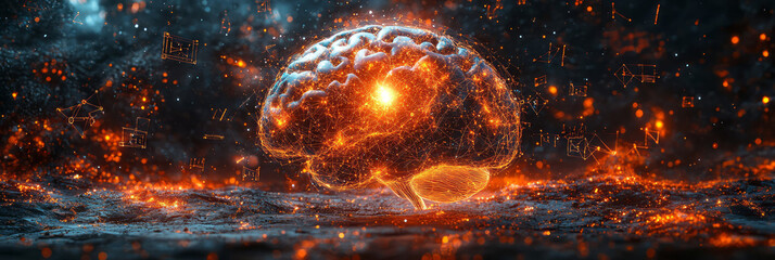 A close-up of abstract mathematical equations floating around a glowing brain, i