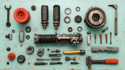 Obraz premium Mechanical Tools and Parts on a Teal Background