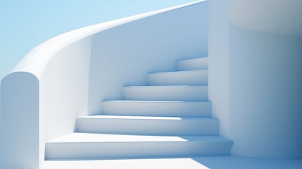 Fototapeta premium A serene, curved white staircase leads to a bright sky in a minimalist architectural design, creating a peaceful atmosphere