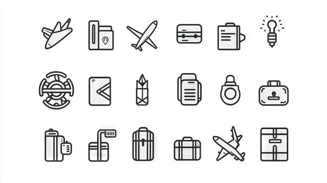   A collection of thin-line travel icons on a white backdrop, allowing space for personalized text