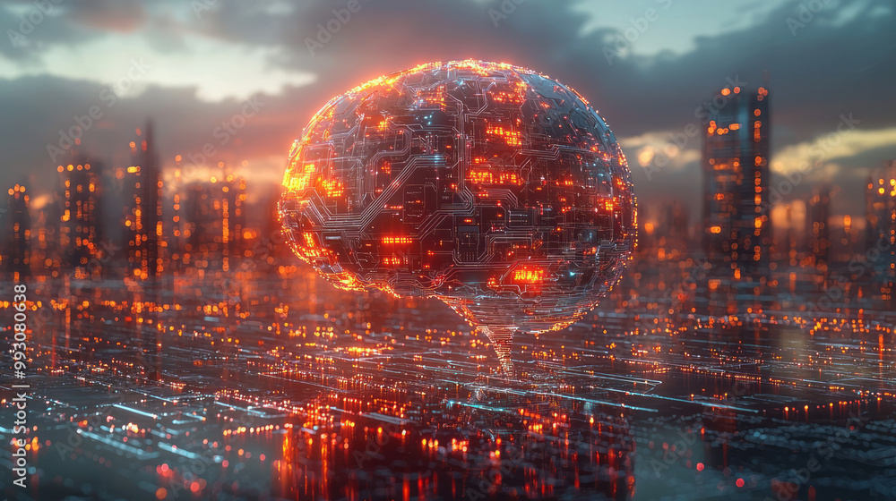 Poster a futuristic visualization of artificial intelligence with a glowing brain, surrounded by data strea