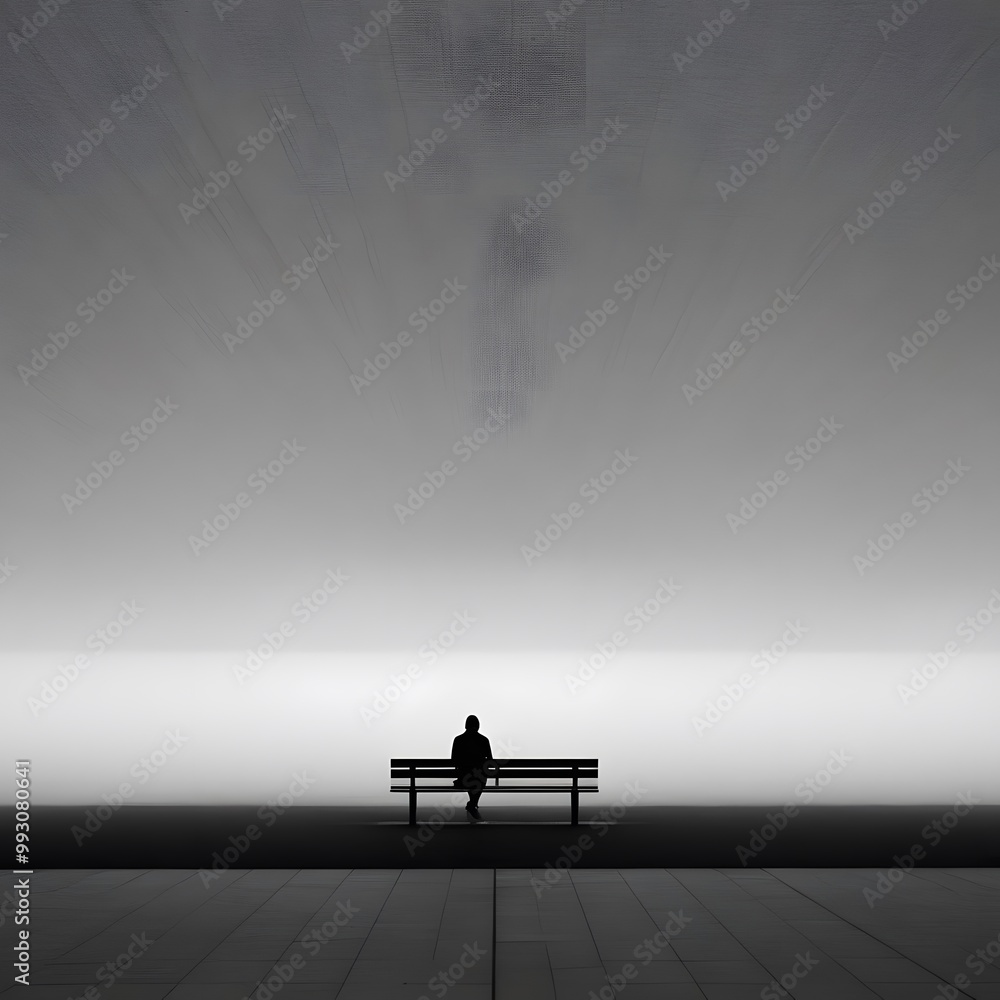 Poster silhouette of a man sitting on a bench in the fog generated by ai