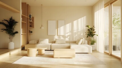 Minimalist living room with neutral decor and light wood accents