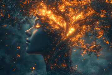 Obraz premium A surreal image of a tree growing out of a personâ€™s mind,