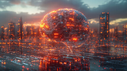 A futuristic visualization of artificial intelligence with a glowing brain, surrounded by data streams,