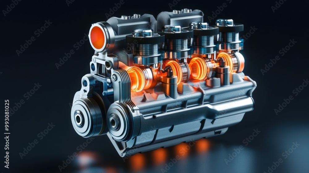 Poster high-tech engine block with bright illuminated elements