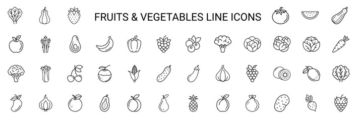 fruits vegetables line art themed icon collection