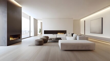 Fototapeta premium Minimalist living room with clean lines and light wood flooring