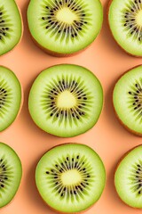 Fototapeta premium Vector illustration of kiwi slices with bright green centers, dotted black seeds, and subtle texture, arranged in a seamless pattern on a pastel peach background, top-down view,
