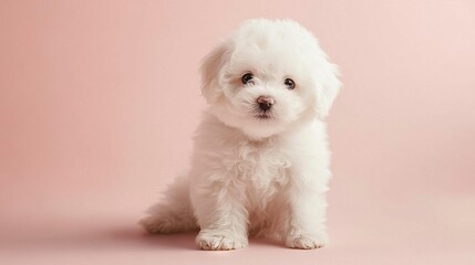 Obraz premium A little pure-white pooch rests before a bright rose backdrop, gazing wistfully at the lens