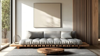 Minimalist living room with a soft gray sofa and wooden accents