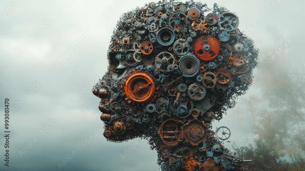 Poster an abstract representation of a personâ€™s mind filled with interconnected mechanical parts and tool